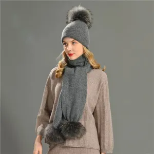 2 Piece Pom-Pom Beanie & Cashmere Fur Scarf Set