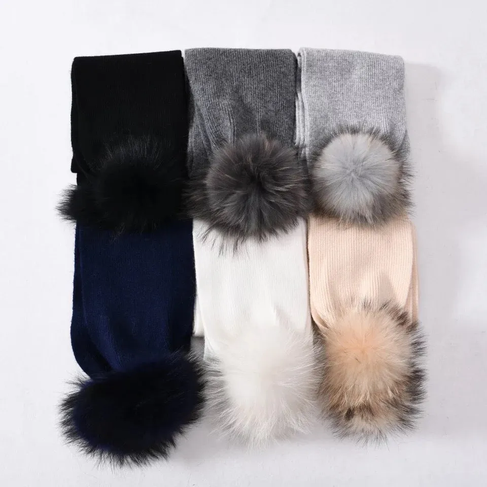 2 Piece Pom-Pom Beanie & Cashmere Fur Scarf Set