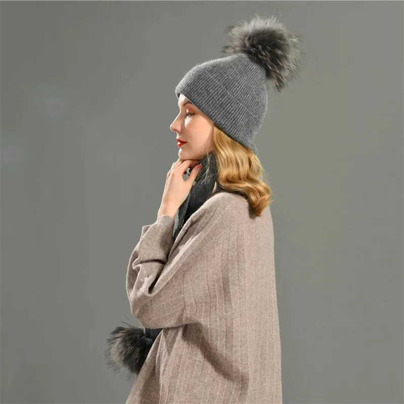 2 Piece Pom-Pom Beanie & Cashmere Fur Scarf Set