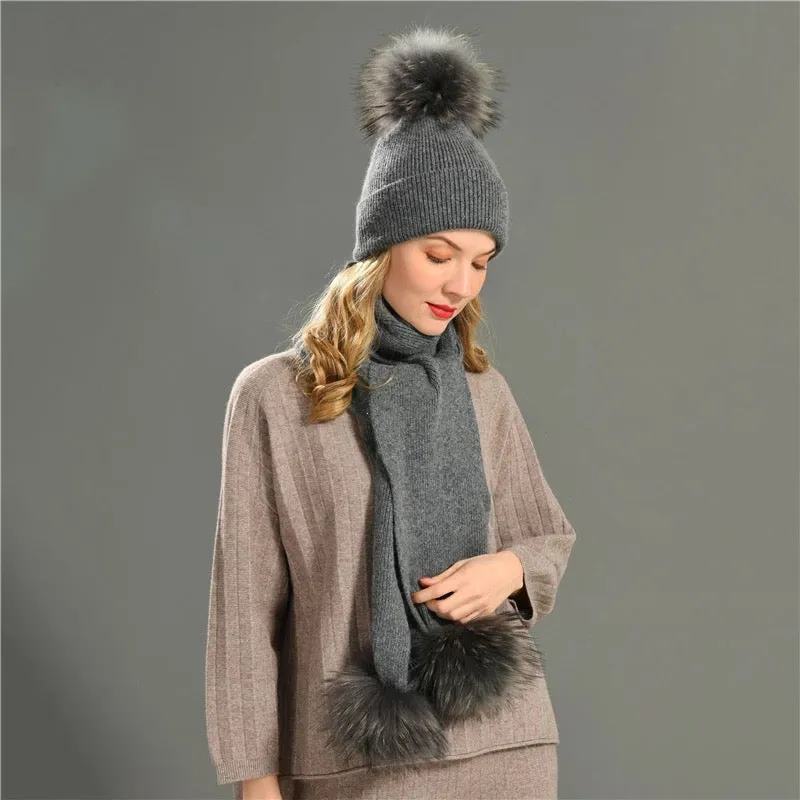 2 Piece Pom-Pom Beanie & Cashmere Fur Scarf Set