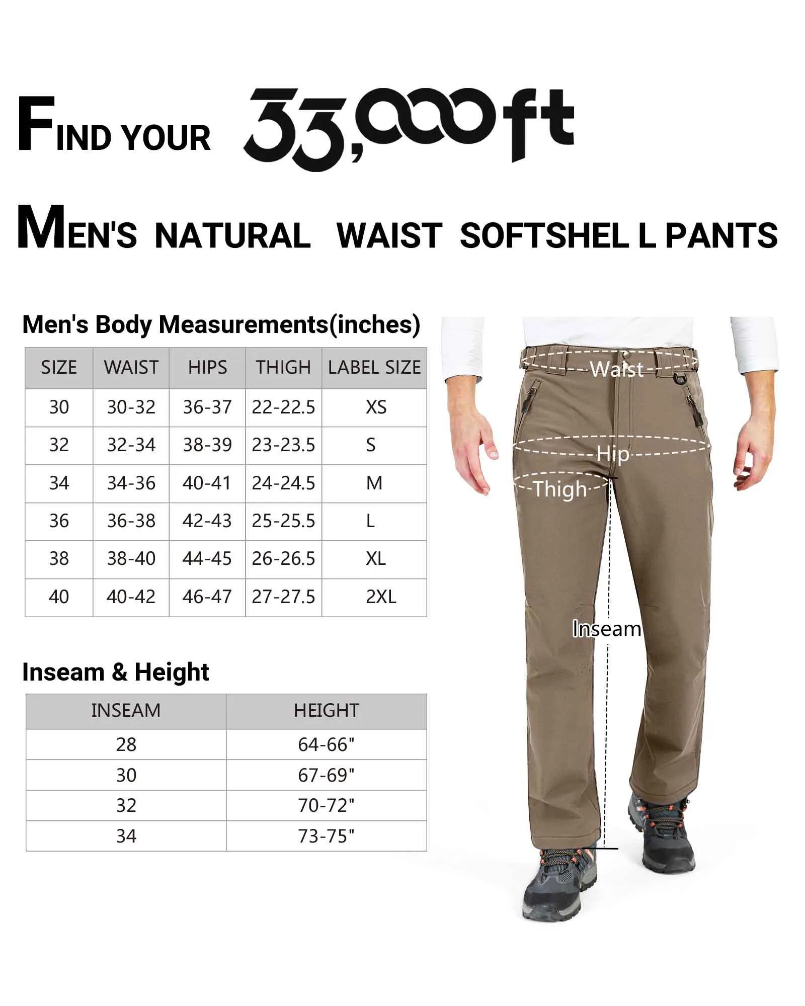 8000mm W/P Index Men’s Snow Fleece Lined Pants with 4 Pockets and Adjustable Waist