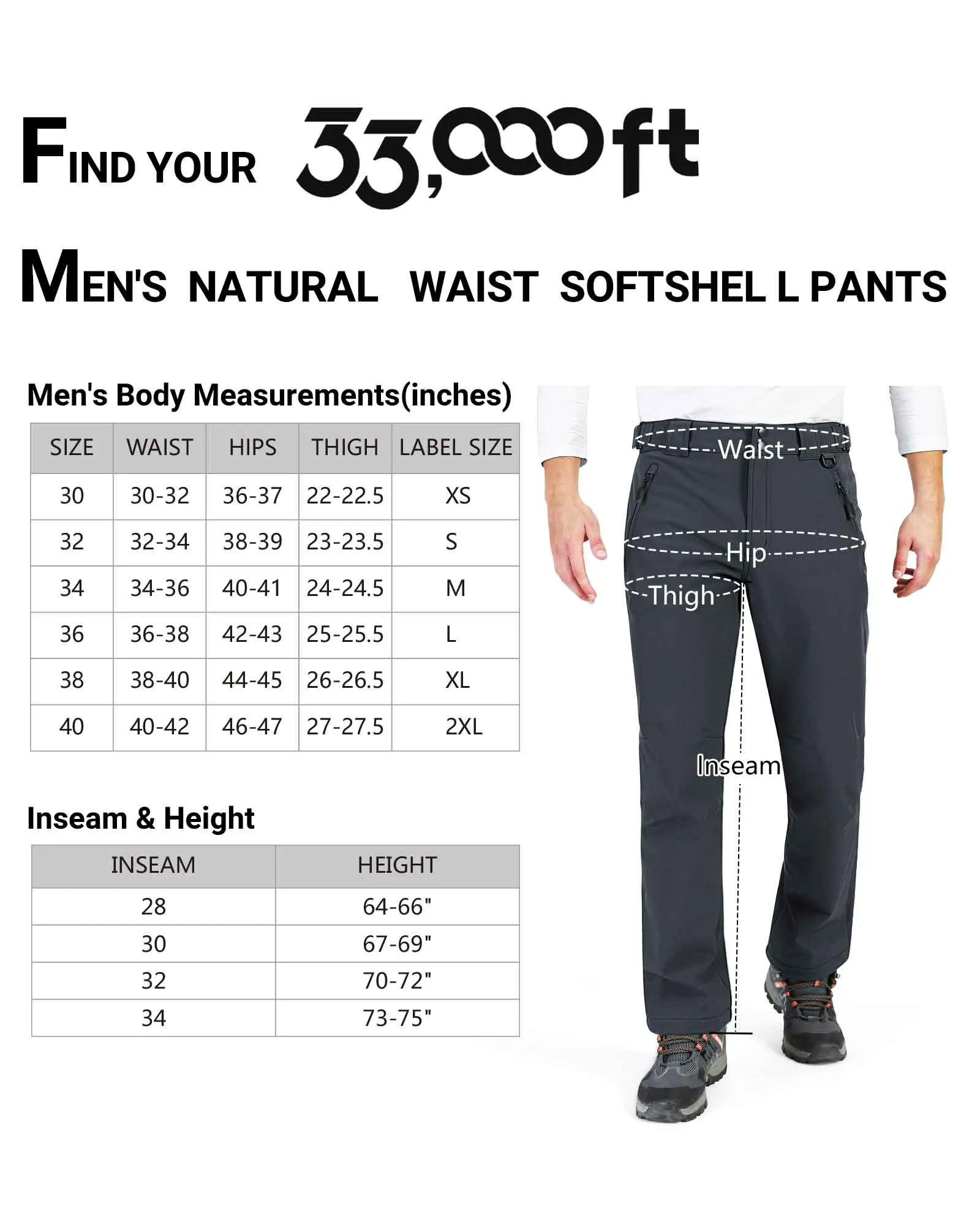 8000mm W/P Index Men’s Snow Fleece Lined Pants with 4 Pockets and Adjustable Waist