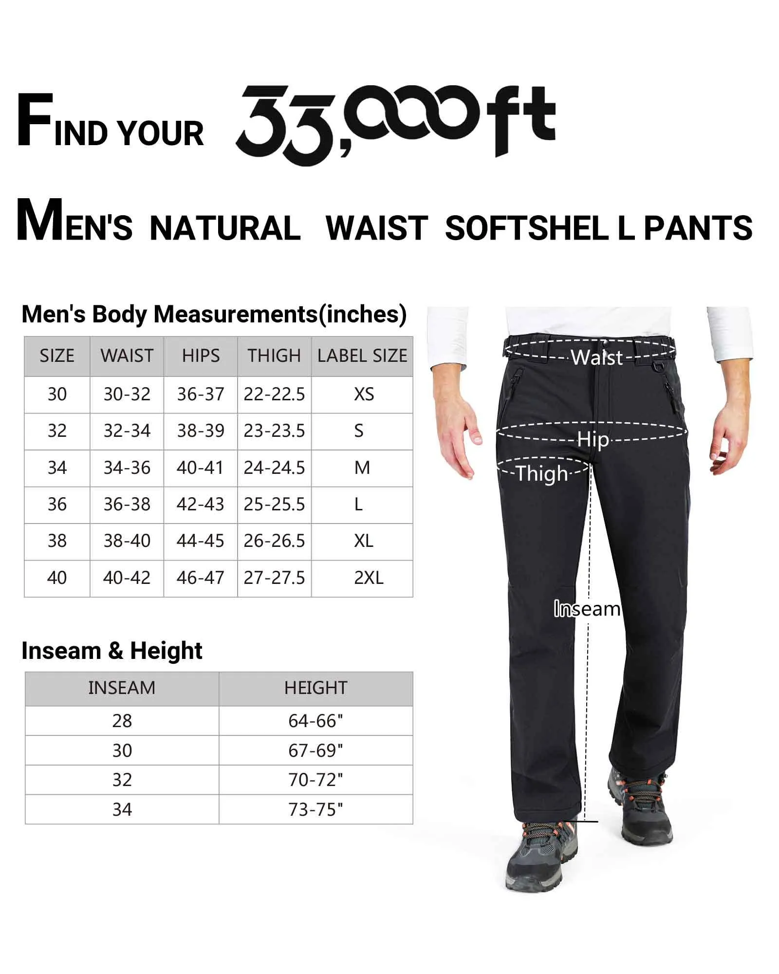 8000mm W/P Index Men’s Snow Fleece Lined Pants with 4 Pockets and Adjustable Waist