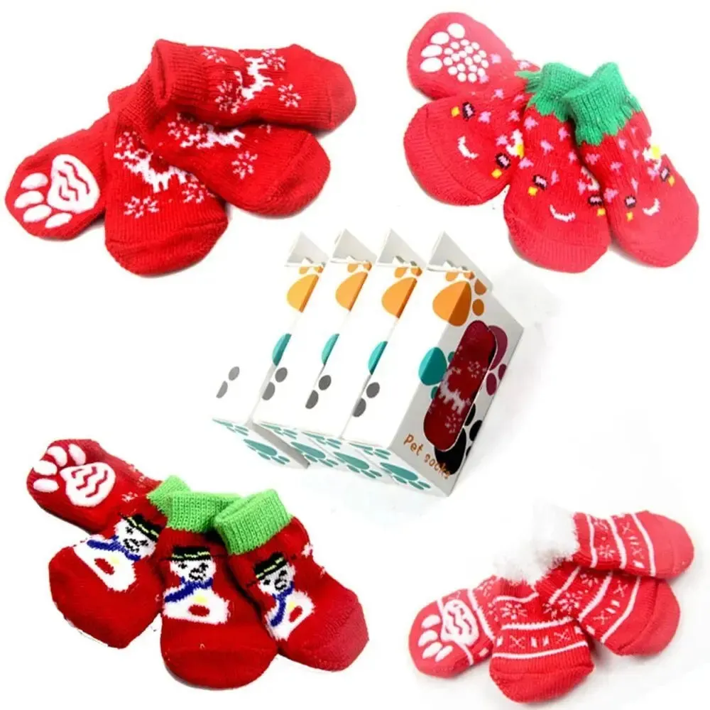 AnniePaw 4 Pcs Christmas Dog Socks - Warm Anti-Slip Paw Protectors