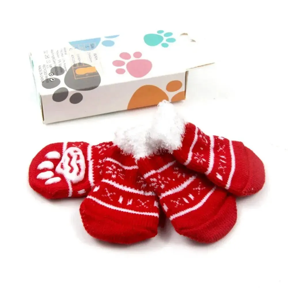 AnniePaw 4 Pcs Christmas Dog Socks - Warm Anti-Slip Paw Protectors