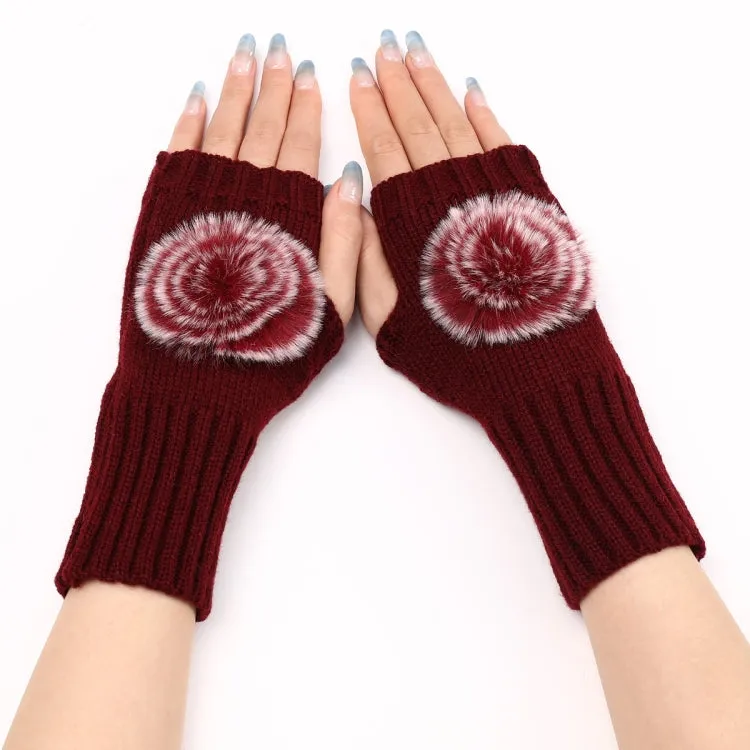 Autumn And Winter Women Fingerless Fur Ball Gloves Knitted Wool Warm Sleeves(Wine Red)