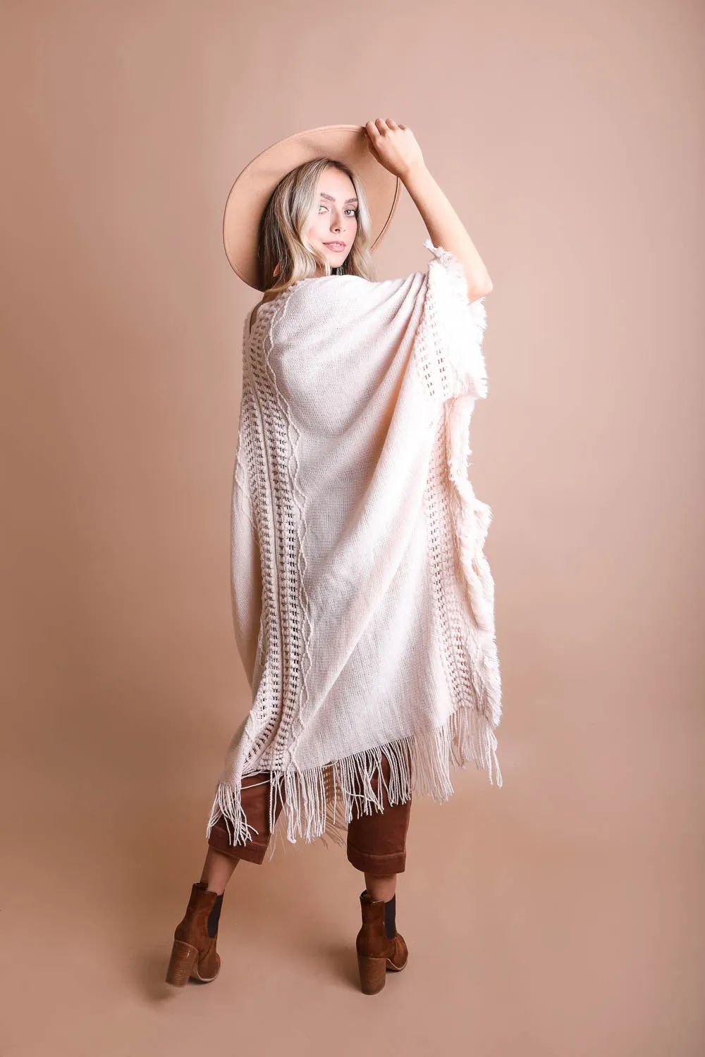 Beige Knit Open Work Frayed Border Bohemian Ruana Sweater Wrap