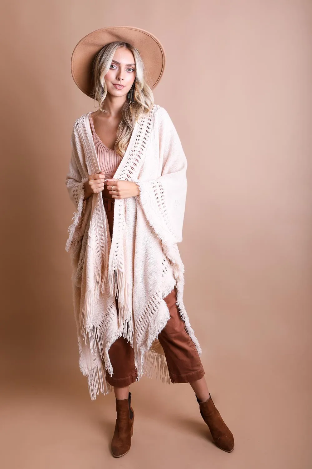 Beige Knit Open Work Frayed Border Bohemian Ruana Sweater Wrap