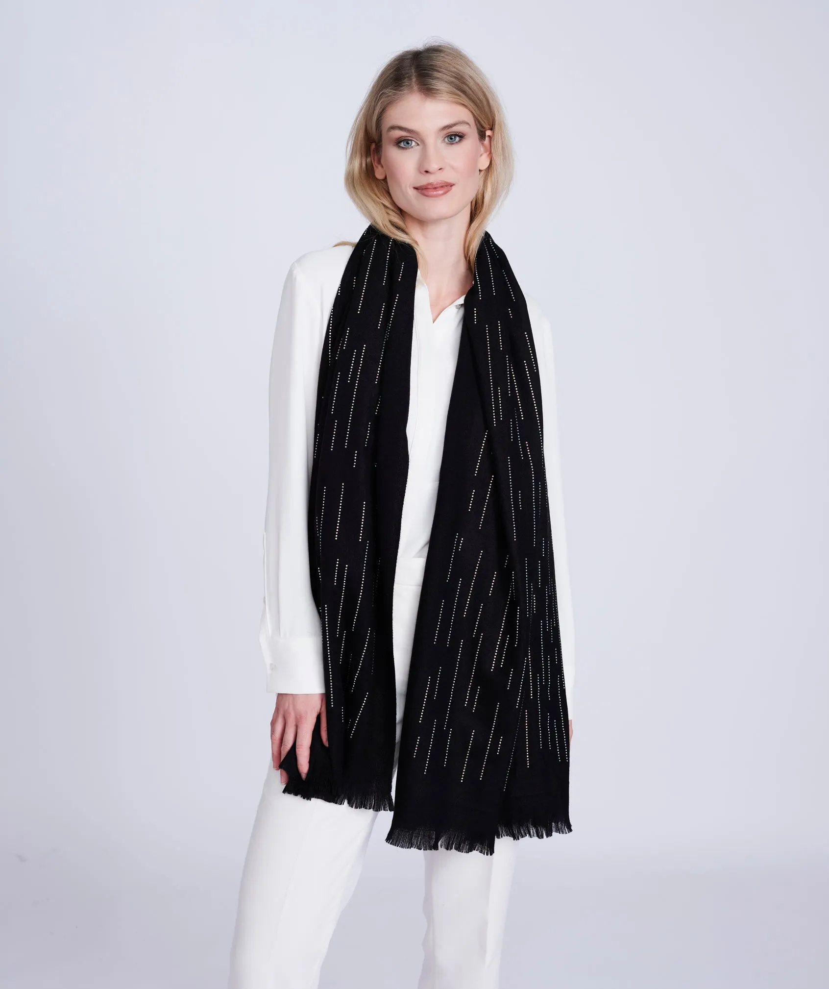 Black Cashmere Feel Scarf with Diamante Embellishment and Frayed Hem