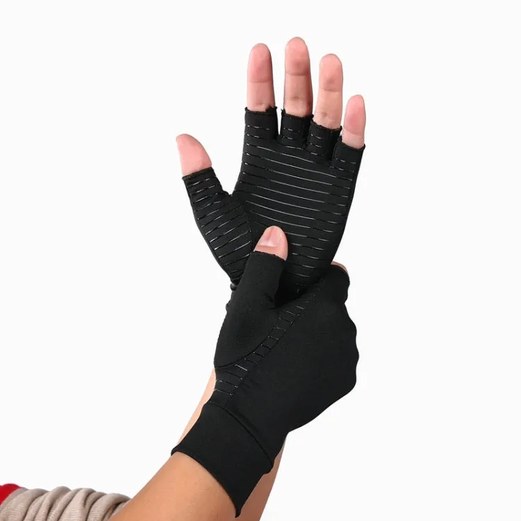 Black Fiber A Pair Sports Breathable Health Care Half Finger Gloves Rehabilitation Training Arthritis Pressure Gloves, Size:S