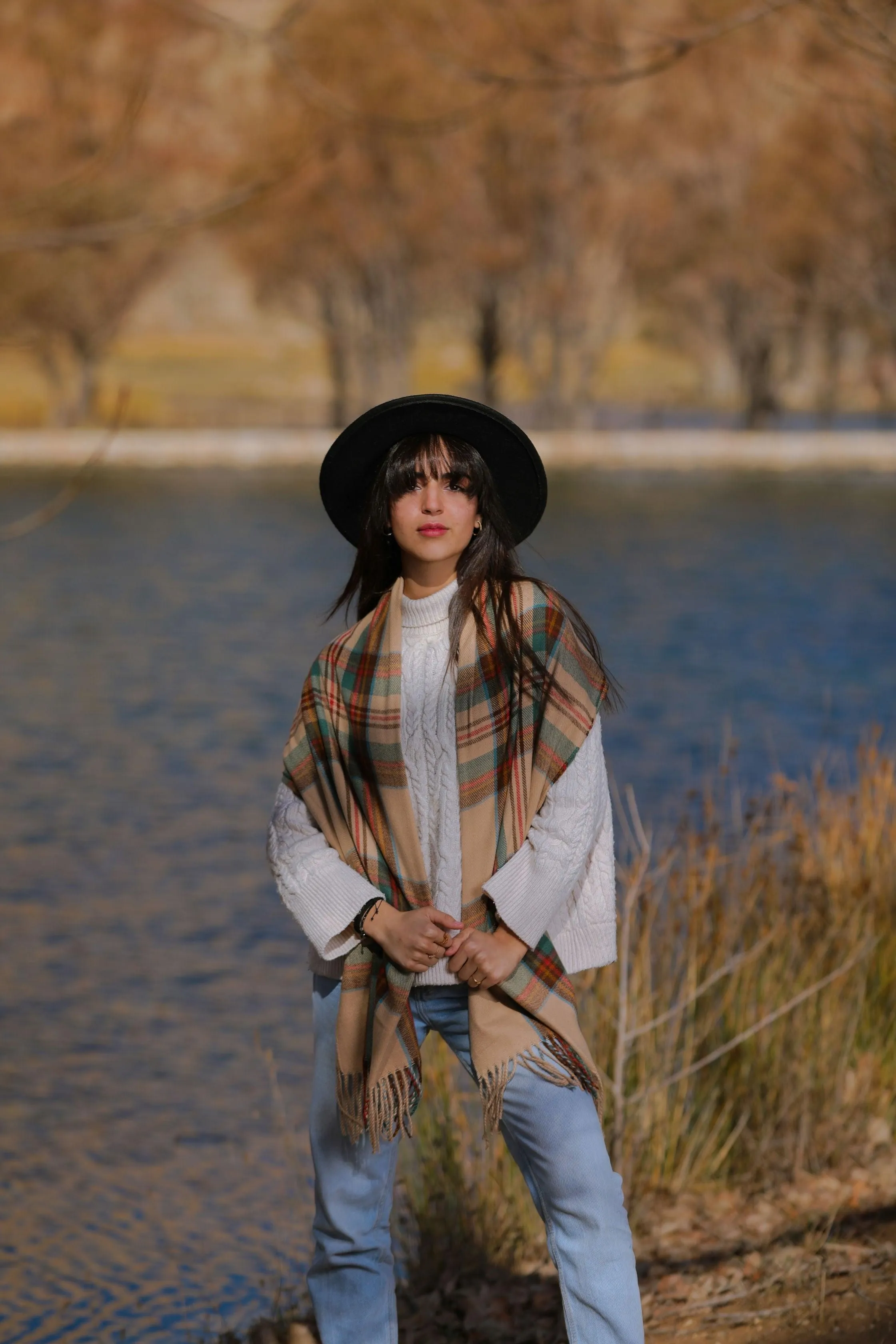 Checkered Beige Scarf in Virgin Wool and Cotton