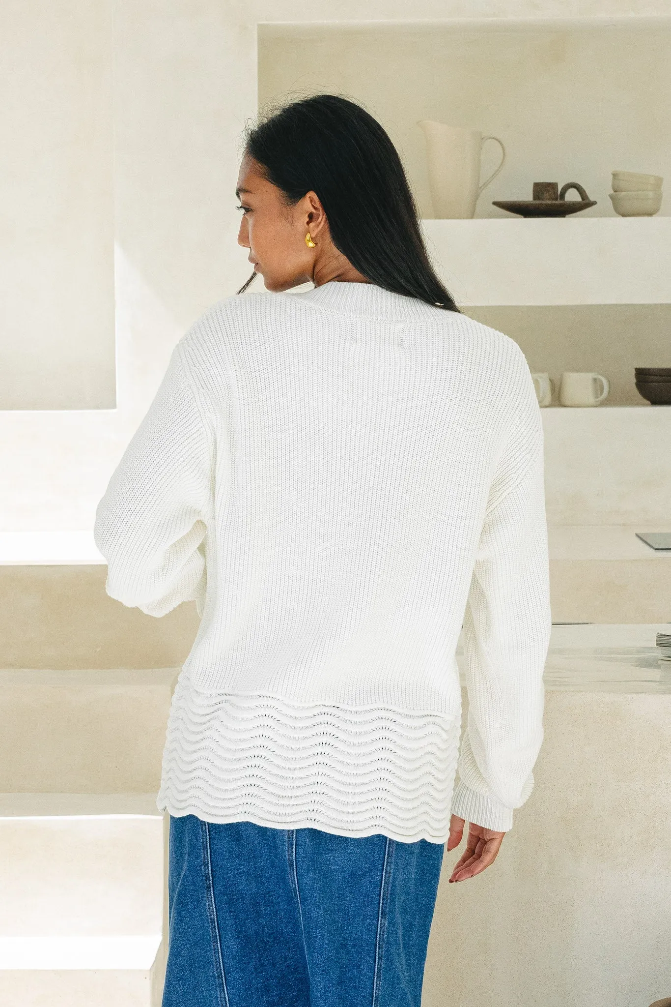 Claudia Off-White Scallop Hem Knit Sweater