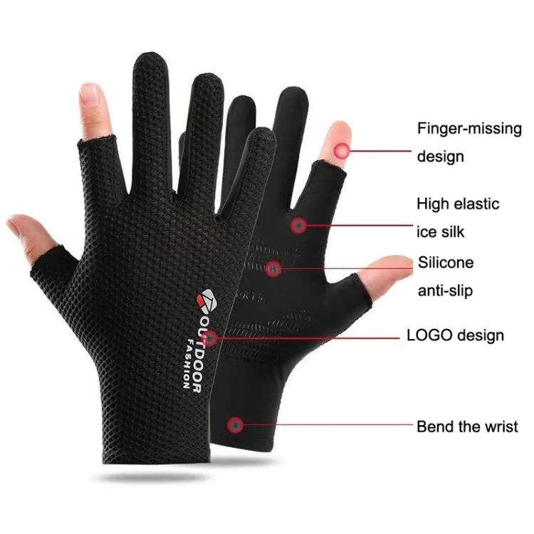 Cycling Thin Sunscreen UV Protection Mesh Breathable Ice Silk Two-finger Gloves(Black)