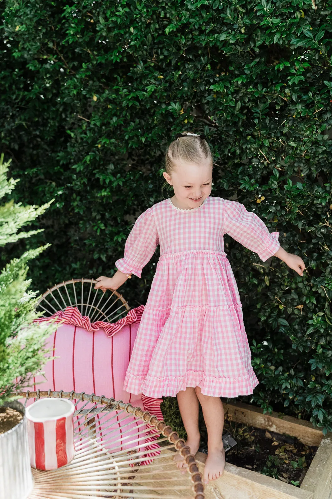 Grace and May Mini Tiered Dress Pink Gingham