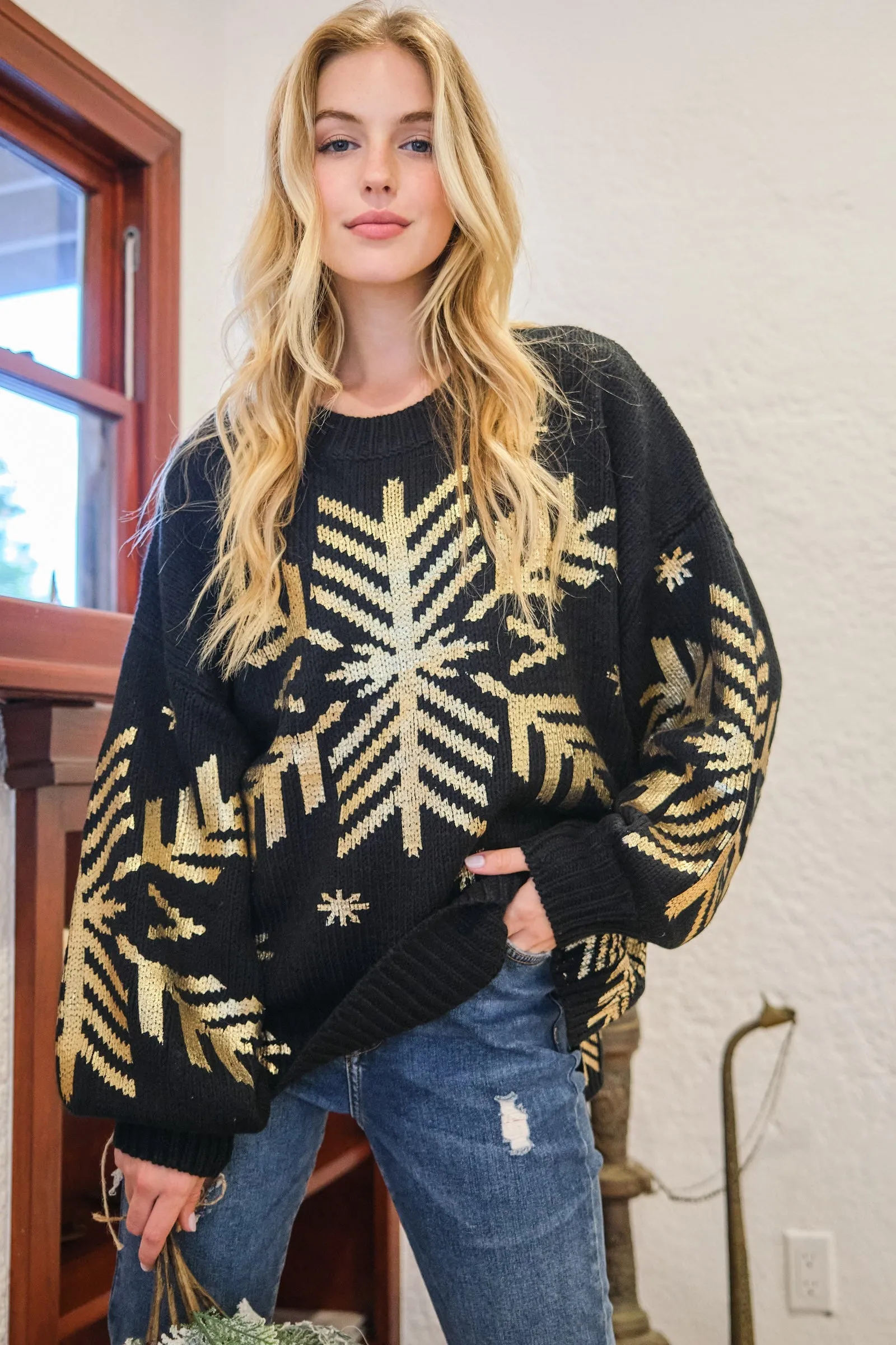 Hot Girl And The Why Foil Snowflake Sweater In Black