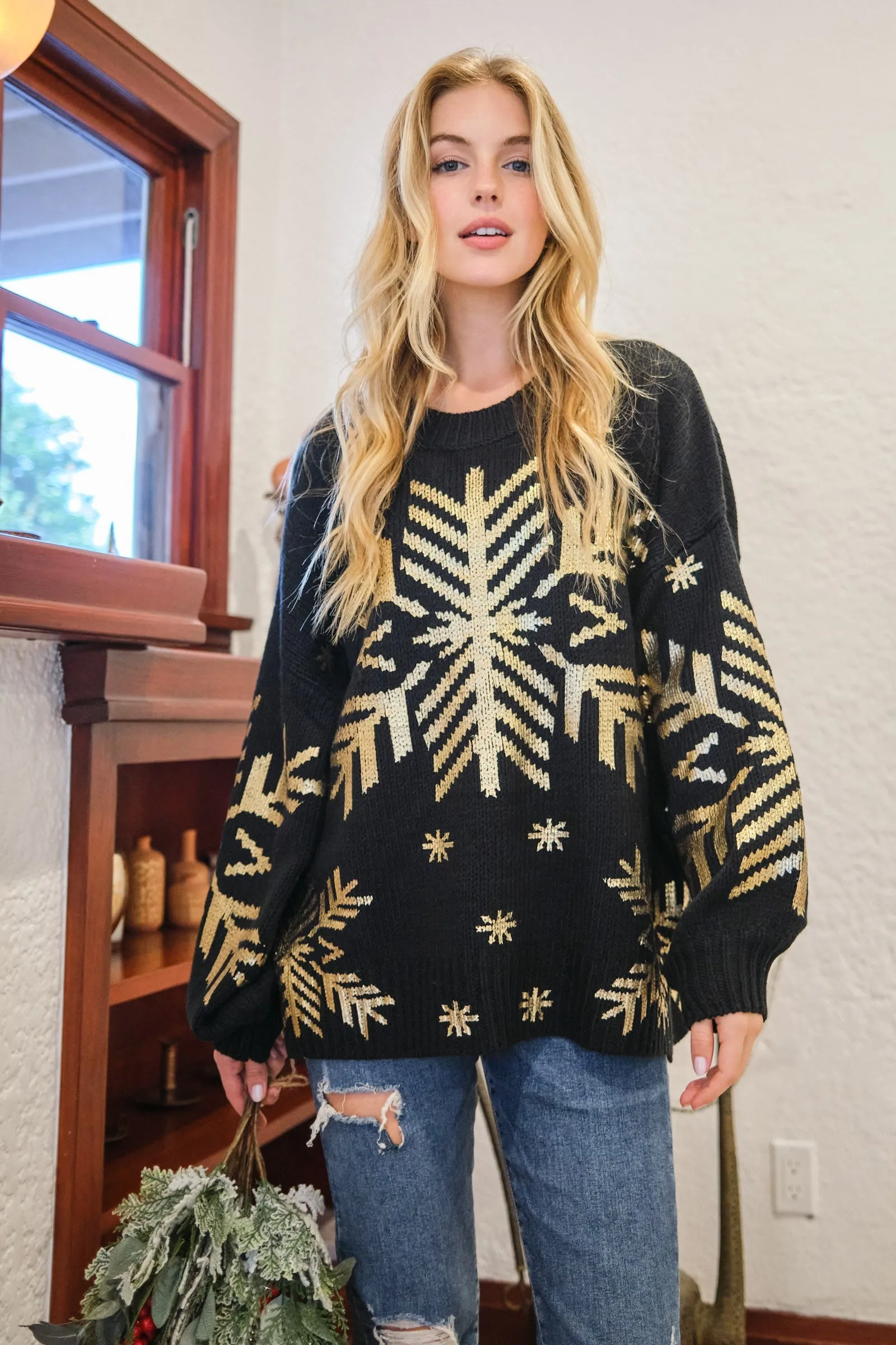 Hot Girl And The Why Foil Snowflake Sweater In Black