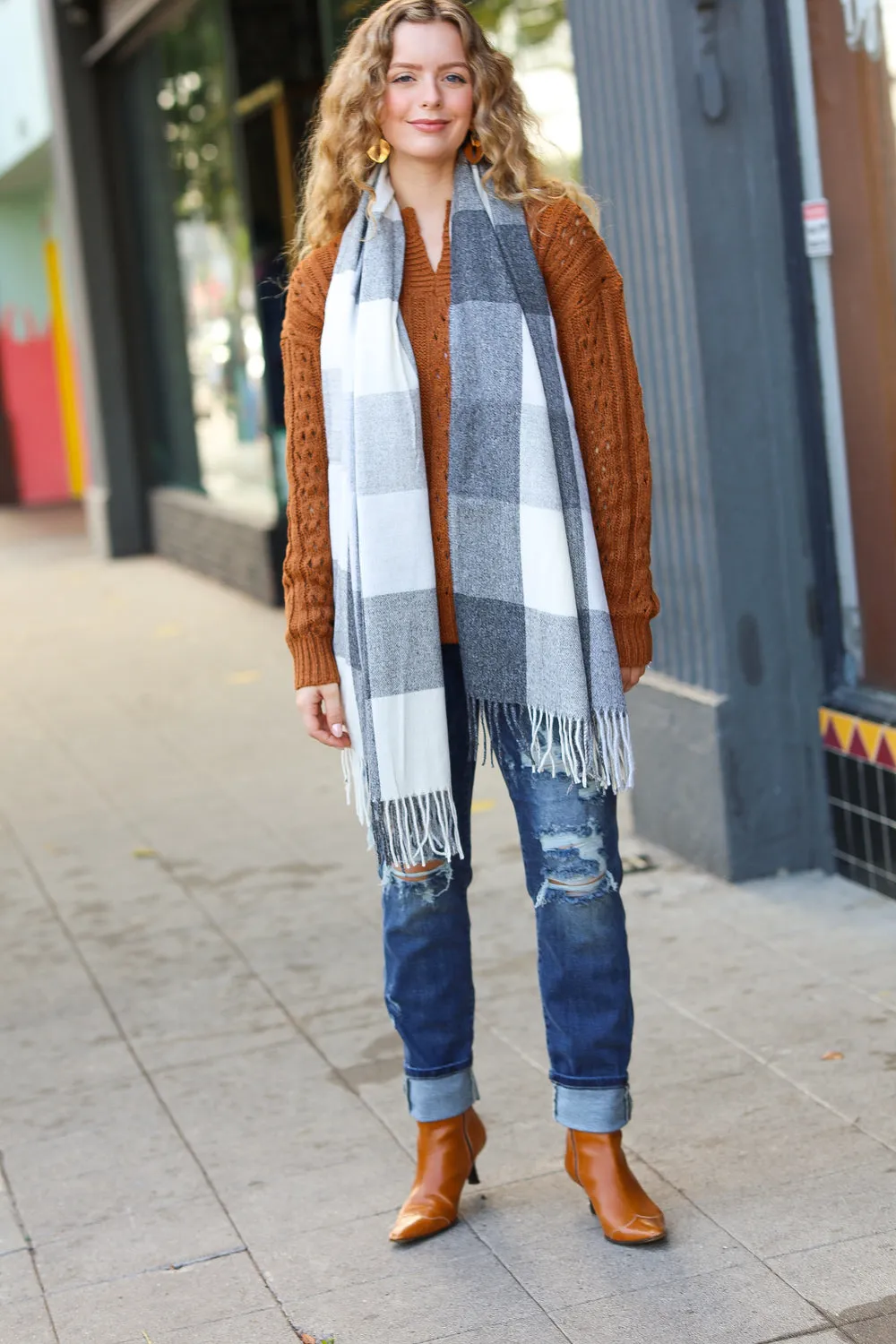 Keep Me Cozy Charcoal Grey Check Fringe Scarf