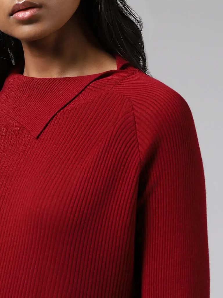 LOV Maroon Asymmetrical Flap Collar Sweater