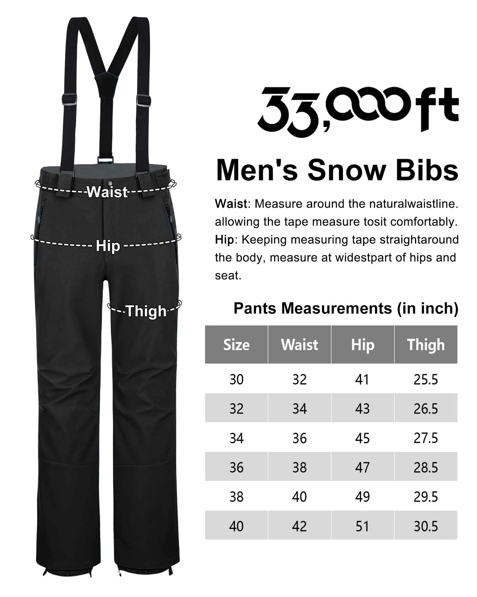 Men's Ski Bibs Waterproof Snow Pants Windproof Snowboarding Overalls Pants with Detachable Suspenders Black