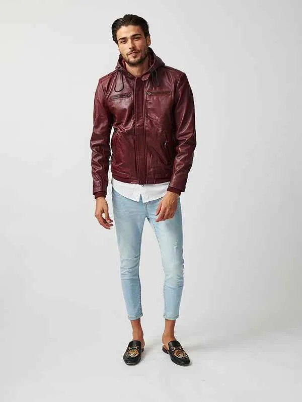 Mens ST Mortiz Burgundy Hooded Leather Jacket