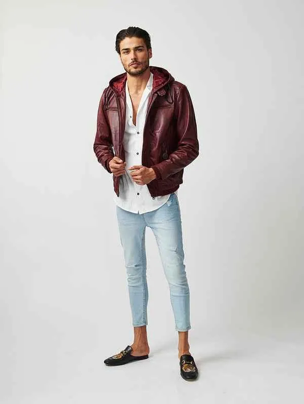 Mens ST Mortiz Burgundy Hooded Leather Jacket