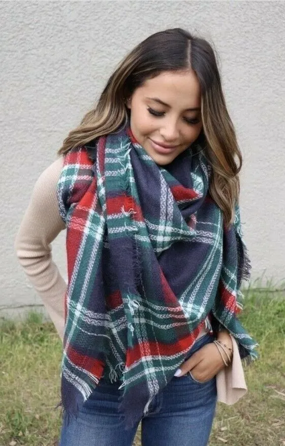 Navy Red Green Holiday Plaid Winter Blanket Scarf Winter Casual