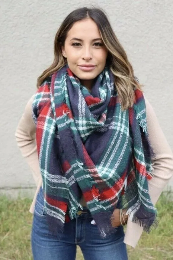 Navy Red Green Holiday Plaid Winter Blanket Scarf Winter Casual