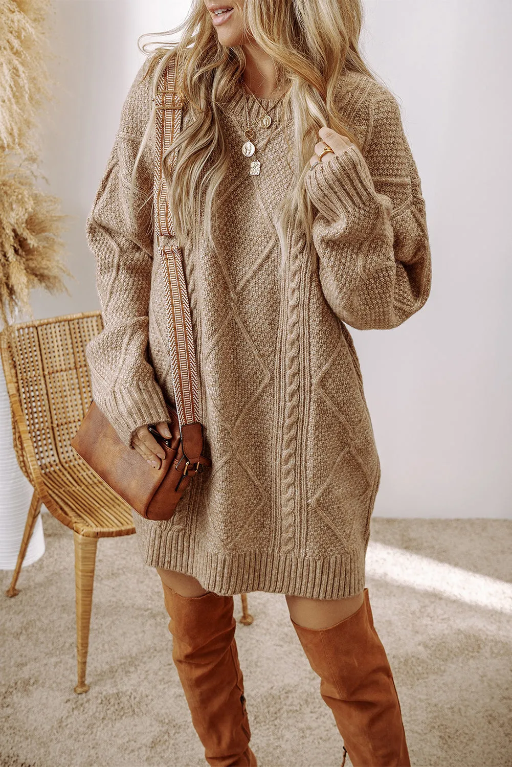 Parchment Cable Knit Drop Shoulder Loose Fit Sweater Dress