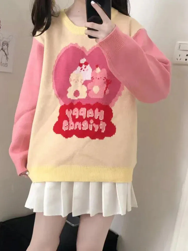 Pink Cartoon Strawberry Embroidery Sweaters Sweet Style Knit Pullovers Women Winter Thick Warm Christmas Sweater Jumpers Girls