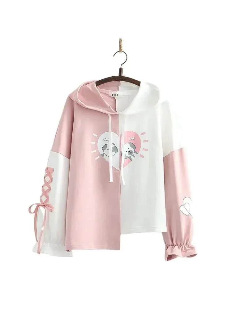 Pink Patchwork Cotton Hoodies For Women Summer Harajuku Cartoon Print Lace Up Hooded Sweatshirt Sweet Style Ladie Daily Top