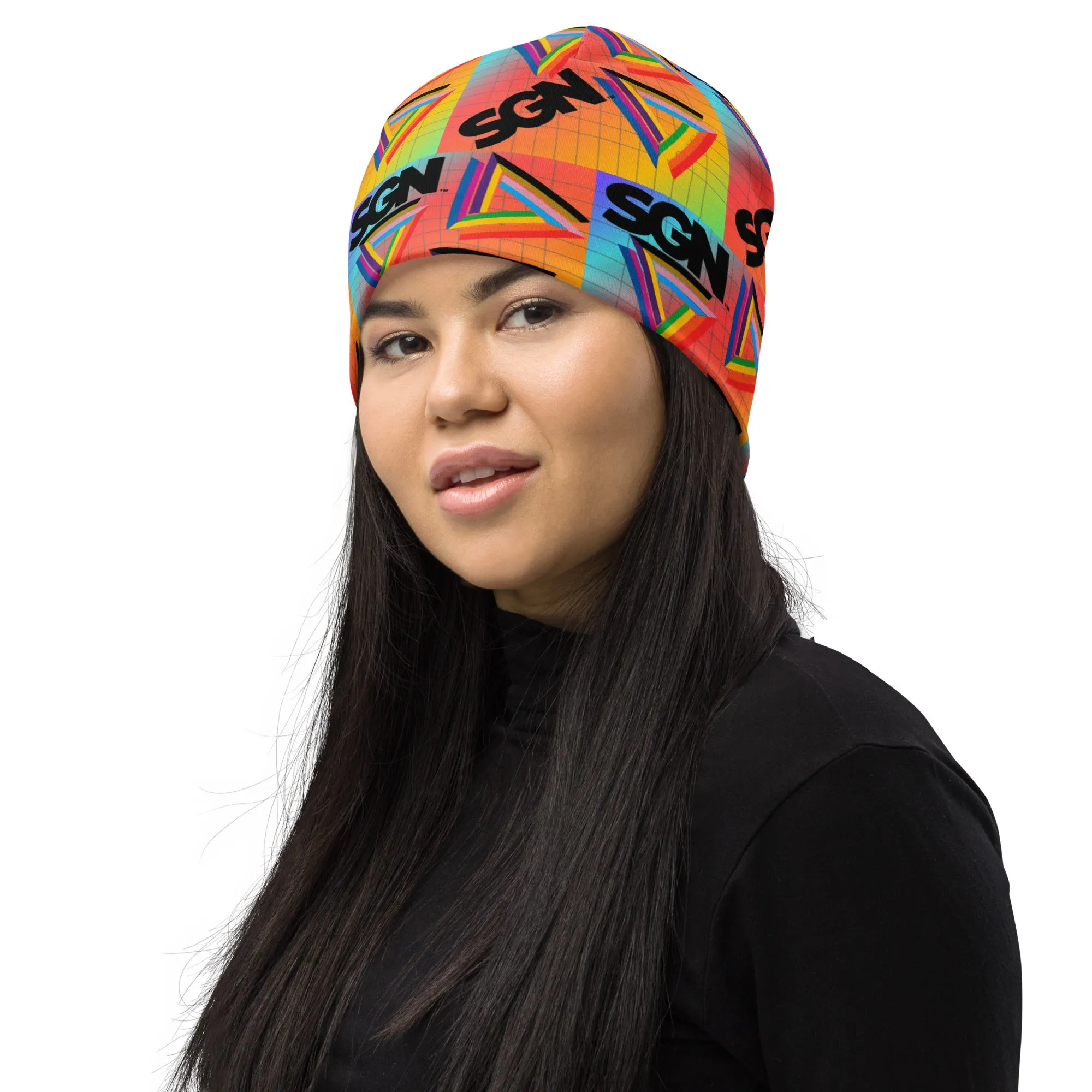 Rainbow Print SGN Logo Beanie, Gender Neutral Style, Warm Cozy Hat