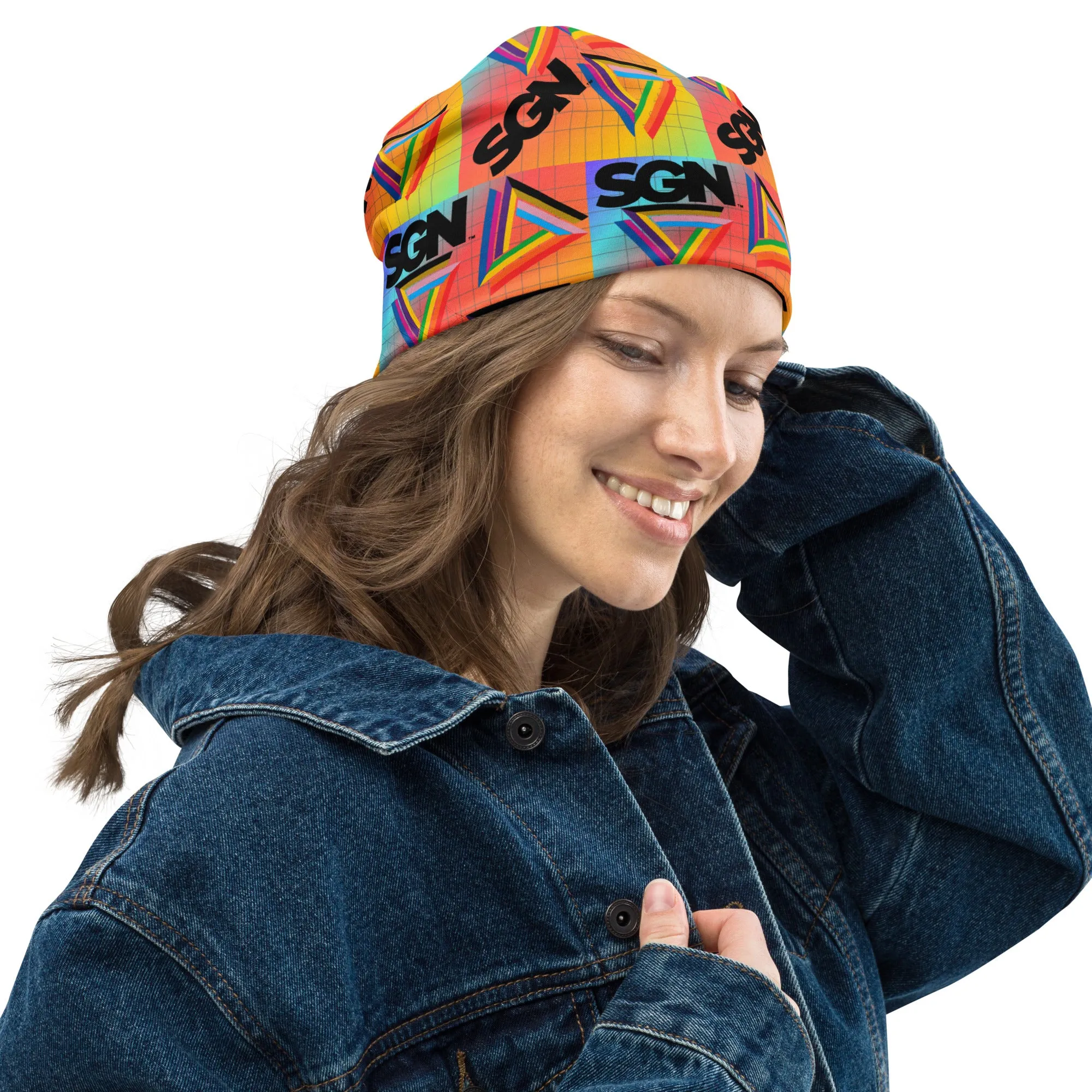 Rainbow Print SGN Logo Beanie, Gender Neutral Style, Warm Cozy Hat