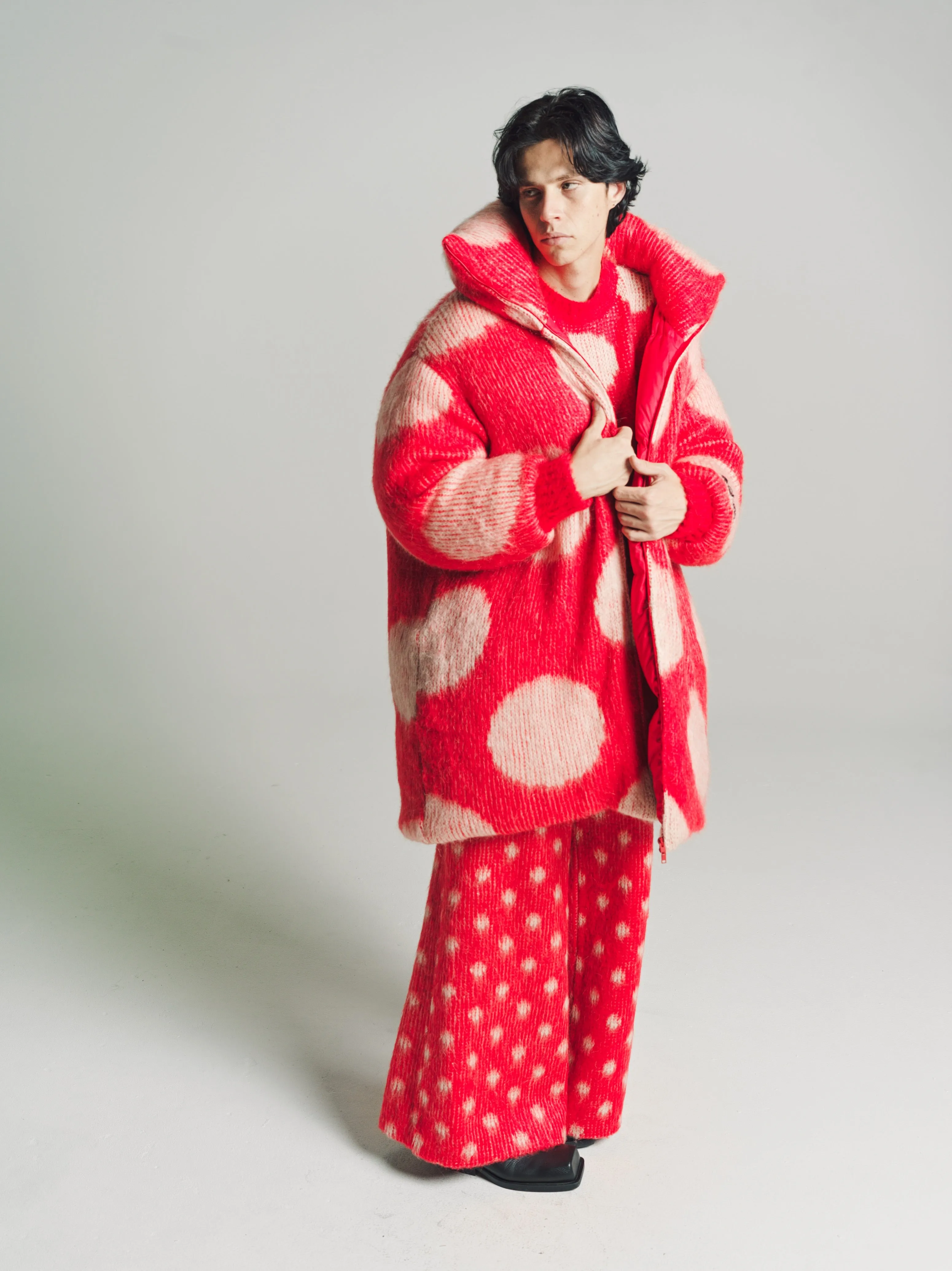 Red Polka Dots Mohair Puffer Coat