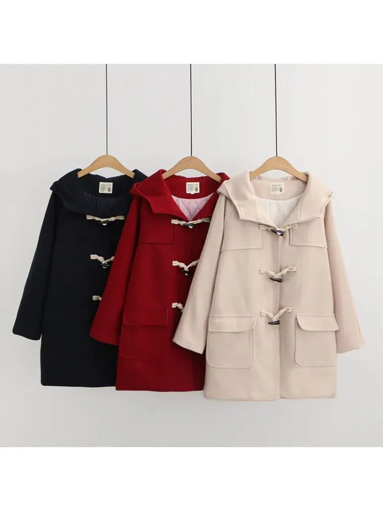 Solid Women Long Wool Blends Winter Loose Warm Coat Hooded  s Office Work Wear Horn Button Legant