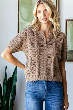 Tan Cable Knit Short Sleeve Sweater