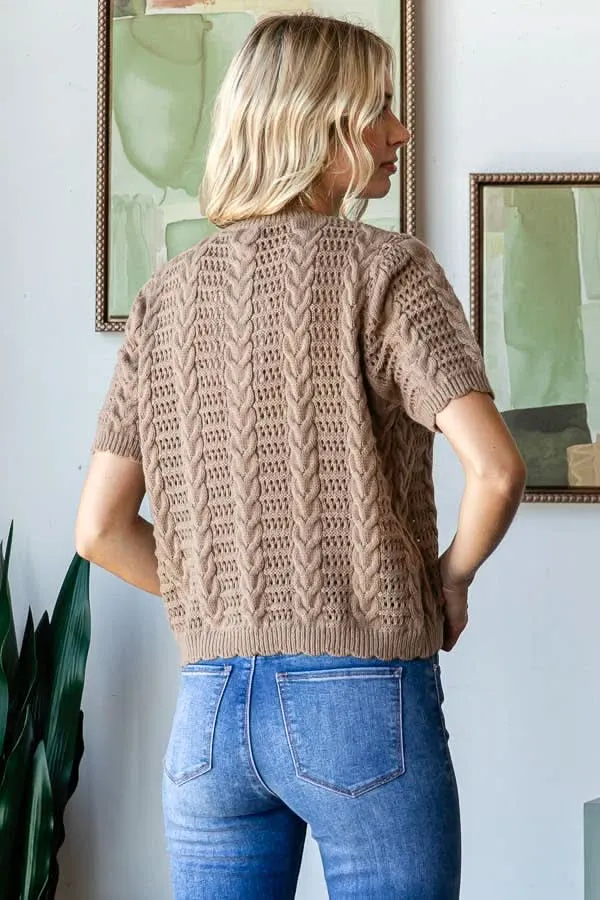 Tan Cable Knit Short Sleeve Sweater