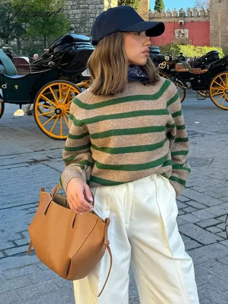 TAVIMART  Green Stripe Knitted O-neck Casual Jumper For Women Long Sleeve Ribbed Cuff Loose Elegant Sweater Fall Winter Chic Lady Pullover