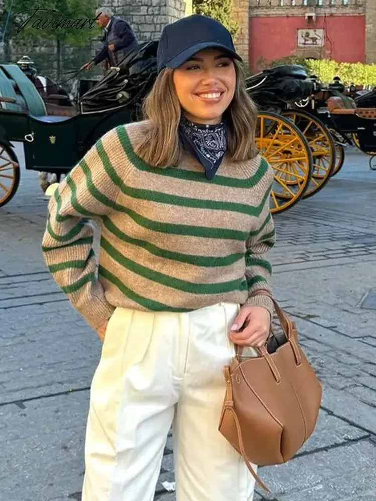 TAVIMART  Green Stripe Knitted O-neck Casual Jumper For Women Long Sleeve Ribbed Cuff Loose Elegant Sweater Fall Winter Chic Lady Pullover