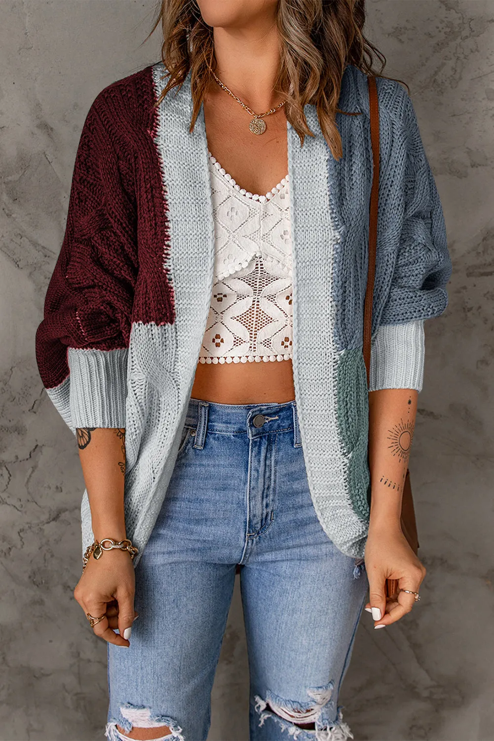 Women's Color Block Loose Open Front Knitted Dolman Sweater Cardigan