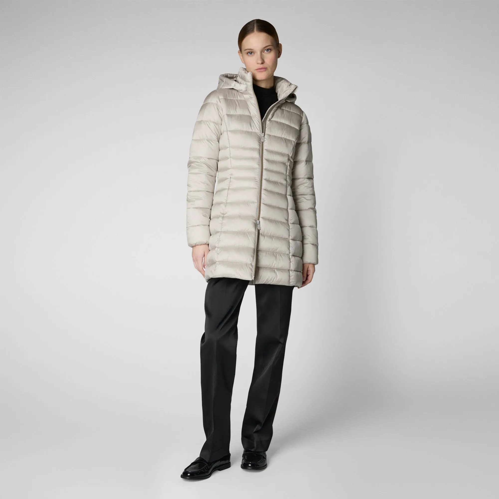 Women's Hooded Animal free Puffer Coat Reese in Rainy Beige