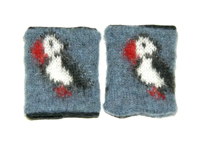 Woolen Wrist Warmers - Puffin pattern Blue